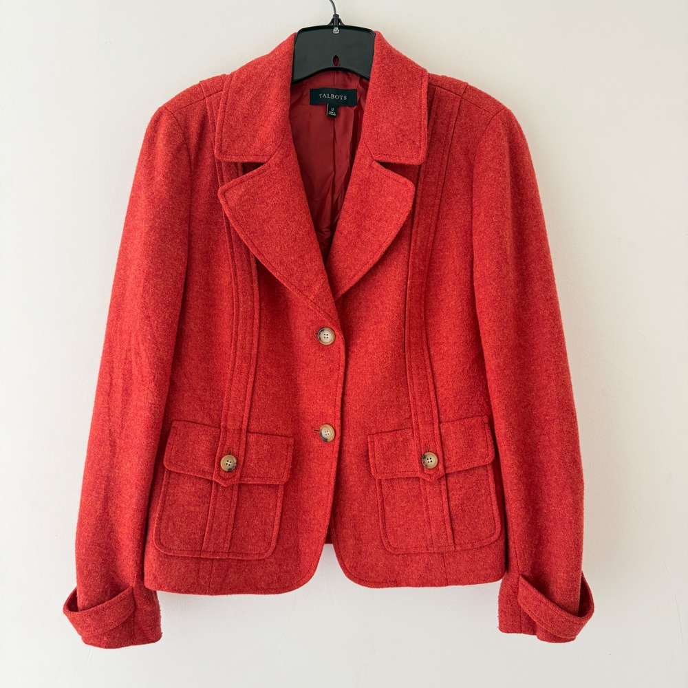 Talbots Red Textured Wool Blend Pintuck Blazer Size 12 Preppy Academia